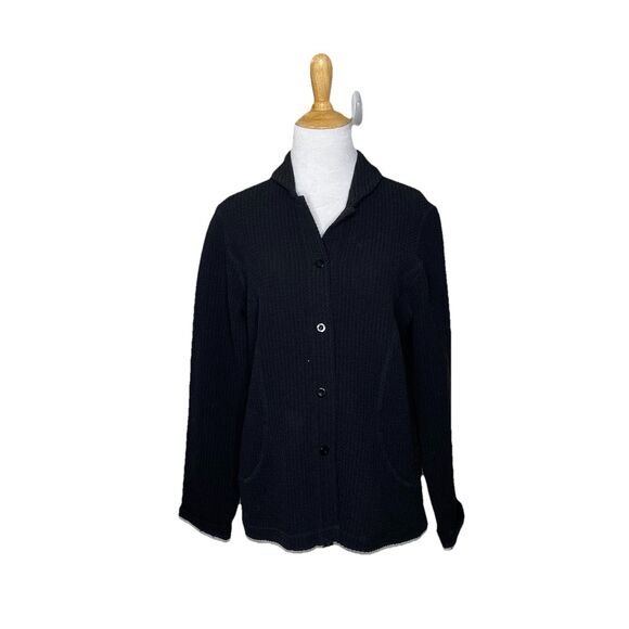 Eileen Fisher Black Textured Button Front Jacket Sweater Women Pocket Stretch M - Picture 1 of 9